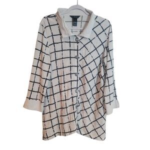 Ali Miles Button Up Tunic Blouse Artsy Plaid White Black Women's Size Large L